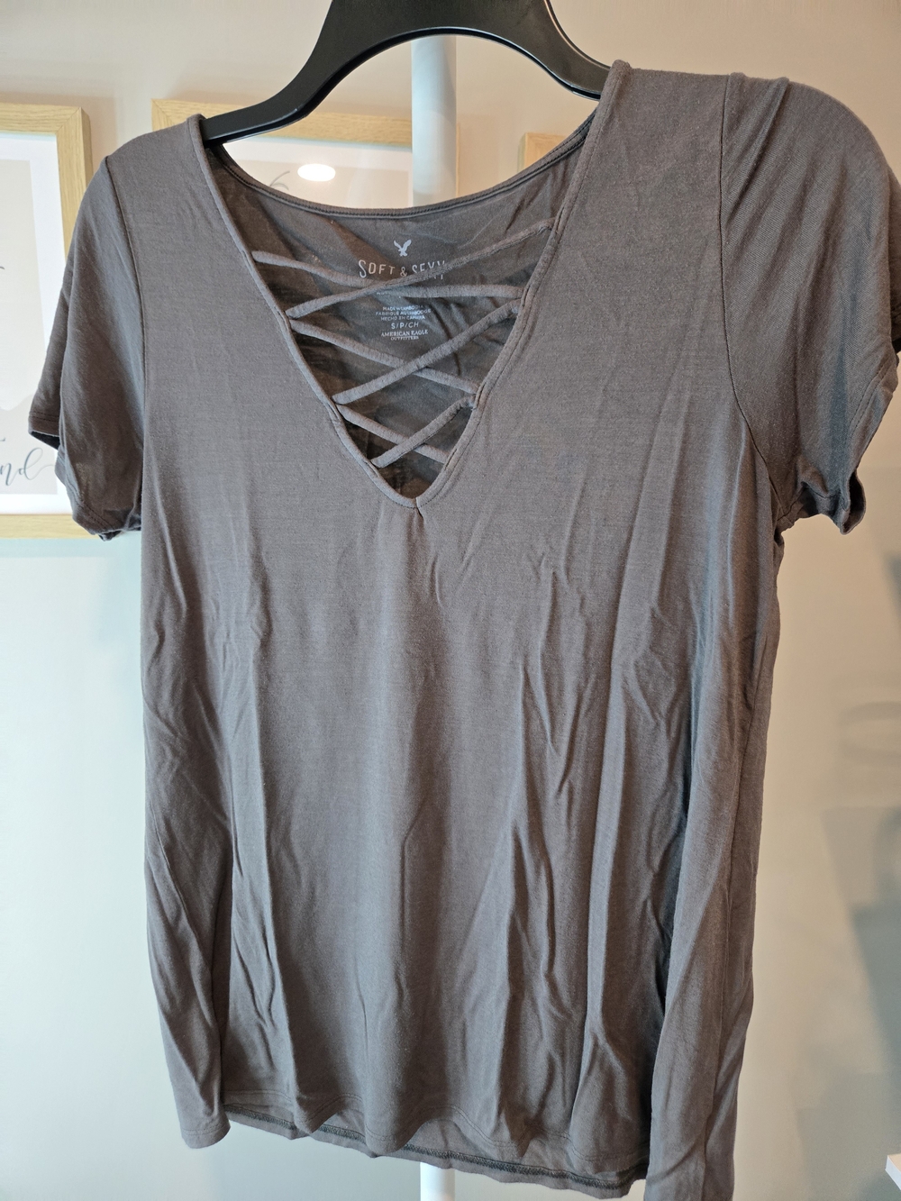 American Eagle Outfitters Short Sleeve Crisscross V-Neck Top - Gray *read*